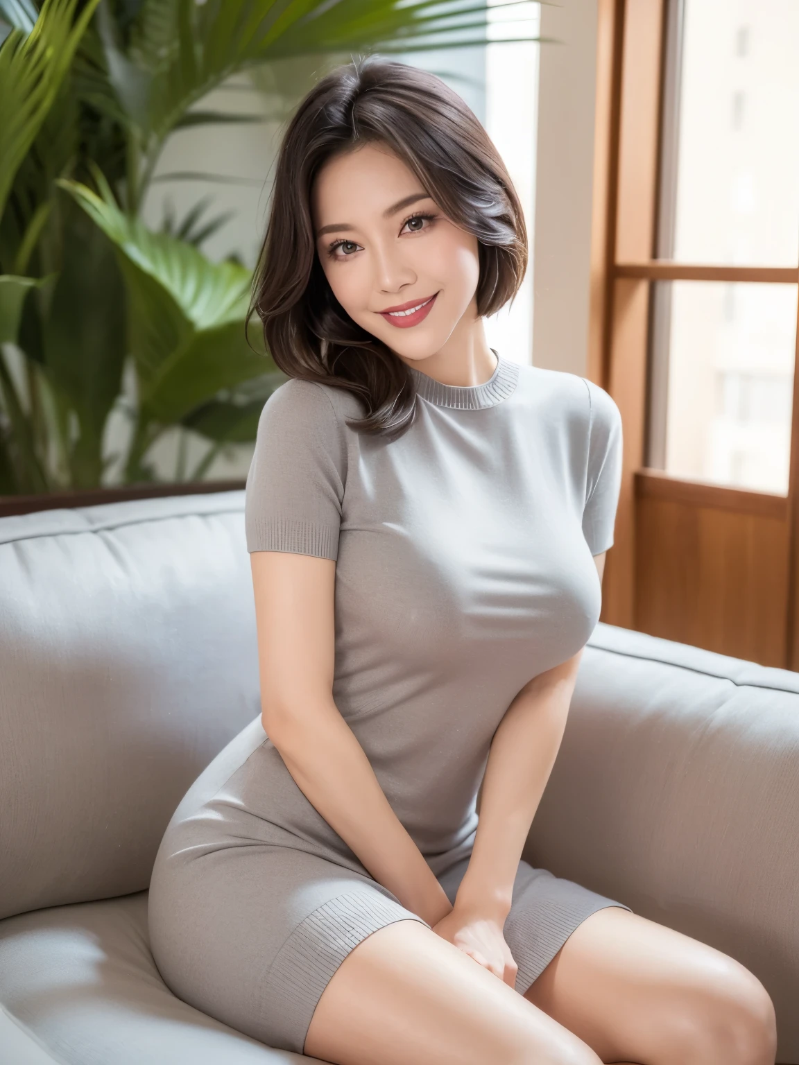 Draw lips correctly, Red lipstick, From the chest up, highest quality, Very detailed, real, super fine muscle, Perfect Anatomy, (1 日本mature的女人), (alone),(Grey crew neck sweater dress:1.6),Short sleeve,(Short black hair:2),woman, Age 37,mature,Cute Smile,Garden Background,stand,(Standard body shape)、(D cup breastedium Chest,Upper body photo、(Modern office building lobby:1.6)、(Marble floor:1.5)、sitting with legs together on the sofa、(Large window in the background、I can see the office building next door.)