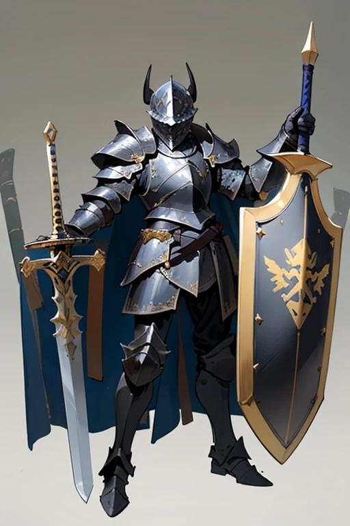 ((highest quality)), ((masterpiece)), (Familiar), One man,Fantasy,((Black Knight)),Full Body Armor,Full-face helmet,Two-horned helmet,((Black armor)),sword,((Black Armor)),Golden decoration,White pattern,sword,Cape,shield