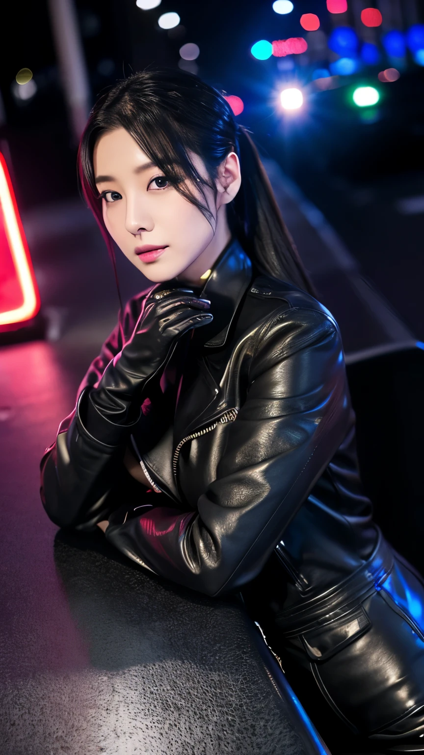 black leather rider jacket, Office in the Dark, Black leather gloved fingertips on both hands,Wearing black leather gloves,Sitting in a black leather chair、 Japanese female new recruits (Black leather gloves cover both hands) (The angle is horizontal)、Black Leather Pants,Black Leather Black Leather Pants,Black Leather Skinny Pants、Long black leather boots on both feet、Black hair ponytail ((He wears black leather gloves on his hands))Full Body Photo,full body shot full body full body leather suit,☺If you turn in this direction。Wearing black leather gloves,Wearing black leather gloves,Wearing black leather gloves,Wearing black leather gloves,Wearing black leather gloves,Wearing black leather gloves,黒のレザーパンツが美しい😍黒のレザーパンツが美しい😍黒のレザーパンツが美しい,😍Smiling while looking at me,City lights、((Neon Cyberpunk City Street:1.3))、(Neon Light)、Detailed lighting、

Best image quality、Ultra-high resolution、(realism:1.4)、Korean Beauty Star、The most beautiful KPOP stars、face、Horny Korean Makeup、A body that makes you want to touch it、Realistic leather texture、Costume made of smooth leather fabric、The drape of the curved parts of the leather fabric、The costume is very shiny、Quality of the costume、8K Photo Quality