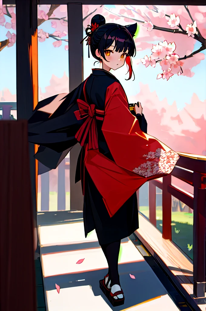 ((masterpiece,highest quality)),Two Girls, black kimono, Black legwear, black ribbon, Black Hair, cherry blossoms, Day, flower, Hair Bun, hair ribbon, kimono, kimono, Long Hair, View your viewers, Recall, Multiple Girls, heart, Outdoor, Red eyes, Redhead, ribbon, Sandals, single Hair Bun, stage, Are standing, picture, torii, wood, white kimono, Yellow Eyes