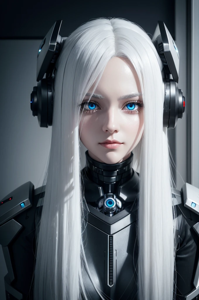Close up of woman with long white hair wearing black and silver clothing, Robot-Silver Hair Girl, Beautiful white girl robot, Perfect robot girl, Cute girl, 3D rendering character art 8K, beautiful robot girl beautiful robot girl cyberpunk anime girl beautiful robot! Perfect animated cyborg female cyborg girl beautiful eyes