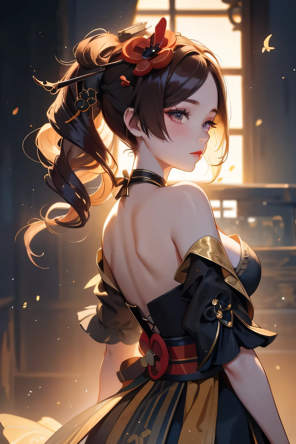 [chiori gi]:1.5,((masterpiece,highest quality,Highly detailed images,Beautiful images))1.4(chiori images、Cities with waterways、Beautiful waterways、The wind is blowing、Overall dim lighting、Backlight、A fantastic atmosphere、Thick Fog、Dust flutters)1.3,(Off the shoulder,Beautiful cleavage):1.2(look back):1.1
