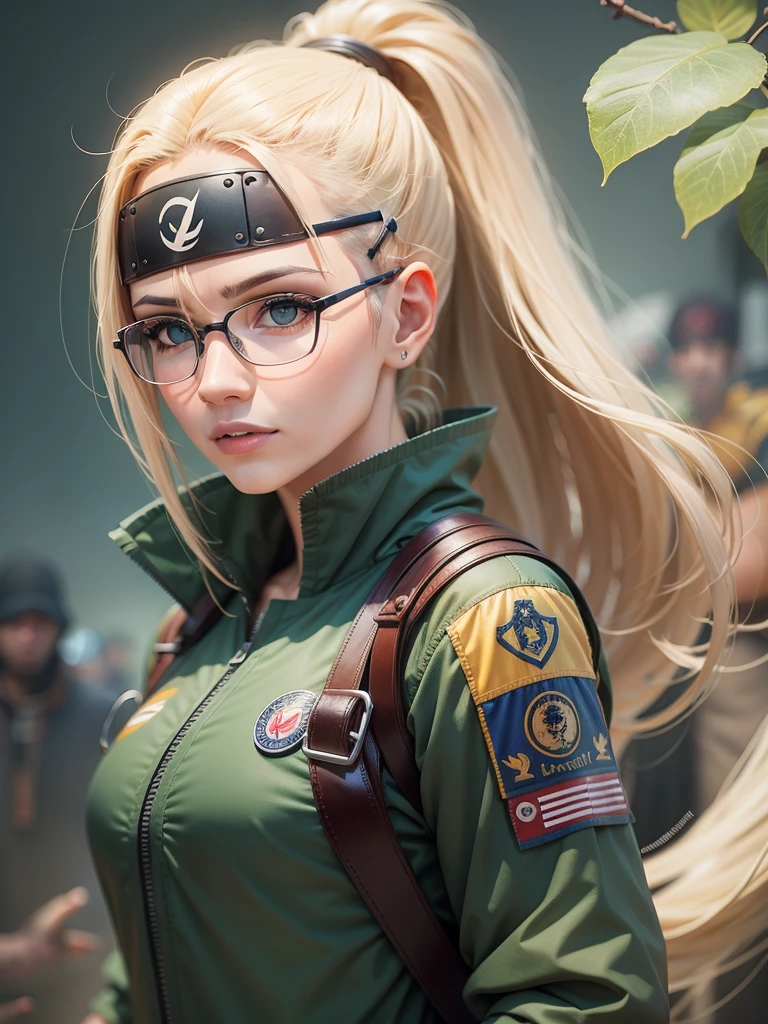 Ino Yamanaka (Naruto Anime )  Wearing aviators , fighter plane in the background , badge , Gentle smile , best quality , masterpiece , 8k , Best Illustration