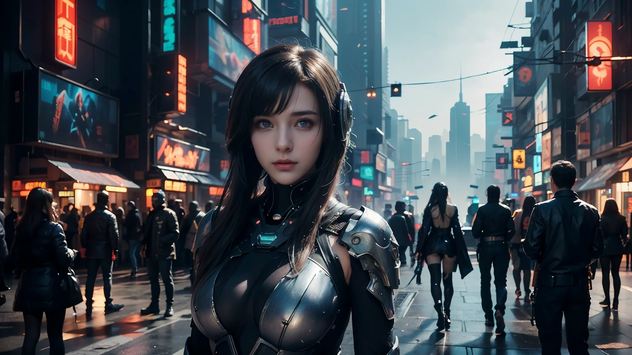 masterpiece,best quality,high resolution,8k,(Portrait Photos:1.5),(R Original Photo),real picture,Digital Photography,(A fusion of cyberpunk and fantasy),20 year old girl,Feel free to hairstyle，Purple Eyes，By Bangs,(Medium breasts, Accessories,shut your mouth,Elegant and charming,Serious and arrogant,Calm and handsome,Combination of cyberpunk and fantasy style clothing,Hollow carving design,Large Breasts，Combined Armor,Photo poses,Realistic style,oc render reflection texture，sentry，Cyberpunk style future city，night，Bustling streets，Medium distance photography