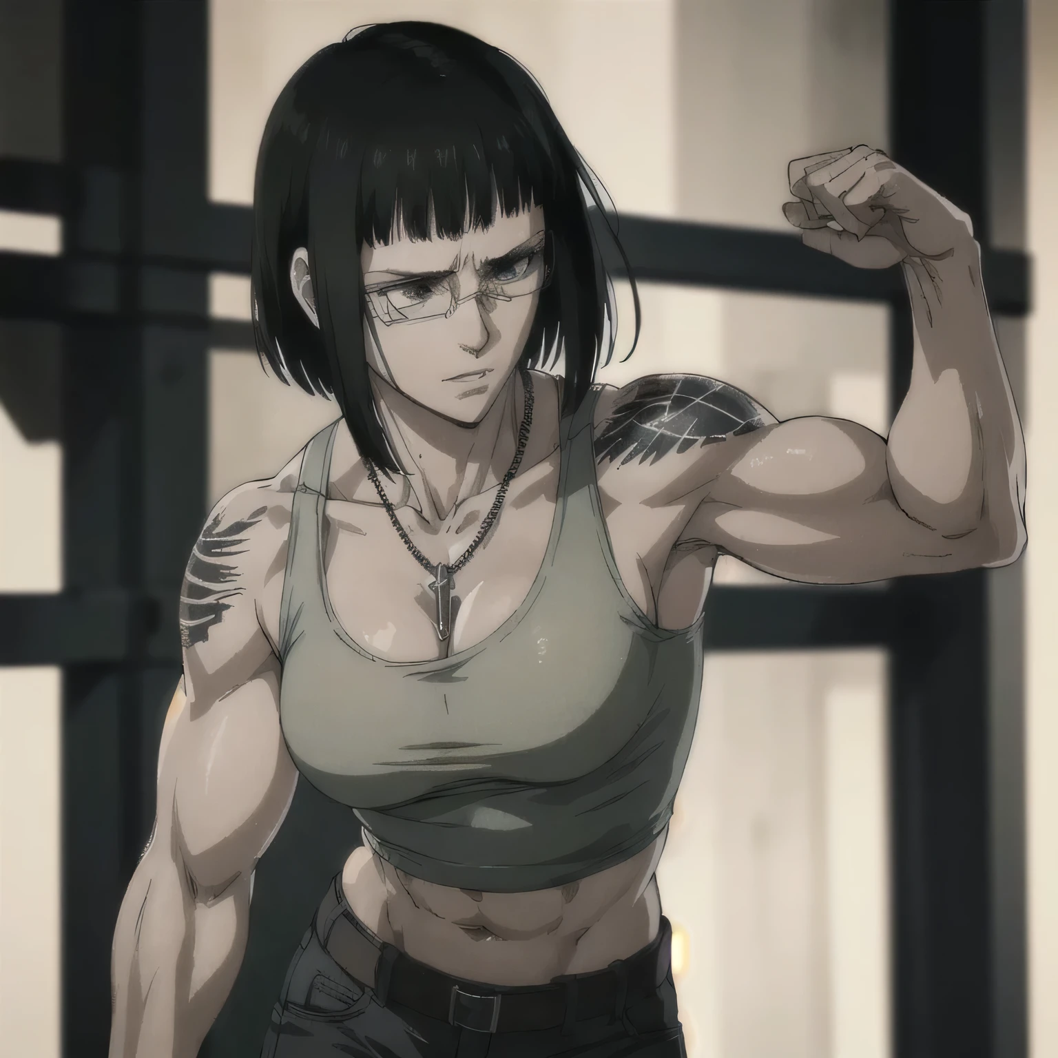 (best quality,ultra-detailed,realistic:1.37),musclaur badass girl with sculpted body with preview her musclaur body and six-pack, full review of the female character's face and body, intense expression, strong and confident posture, studio lighting, vivid colors, physiologically-based rendering, grungy texture, rugged background, dust particles in the air, commanding presence, professional, powerful, gritty aesthetics,,Valmet،short hair,necklace,clean muscles،wearing male military pants with belt and tank top, tattoos on shoulders,clean clothes,Erect penis inside pants