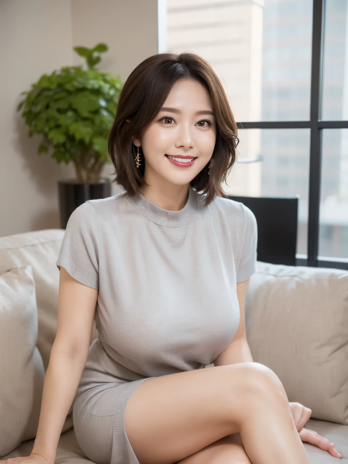 Draw lips correctly, Red lipstick, From the chest up, highest quality, Very detailed, real, super fine muscle, Perfect Anatomy, (1 日本mature的女人), (alone),(Grey open-neck crew neck sweater dress:1.hort sleeve,(Short black hair:2),woman, Age ture,Cule,Garden Background,stand,(Standard body shape)、(D cup breastedium Cheer body photo、(Modern office building lobby:1.6)、(Marble floor:1.5)、sitting with legs ther on the sofa、(Large window in the background、I can see the office building next door.)