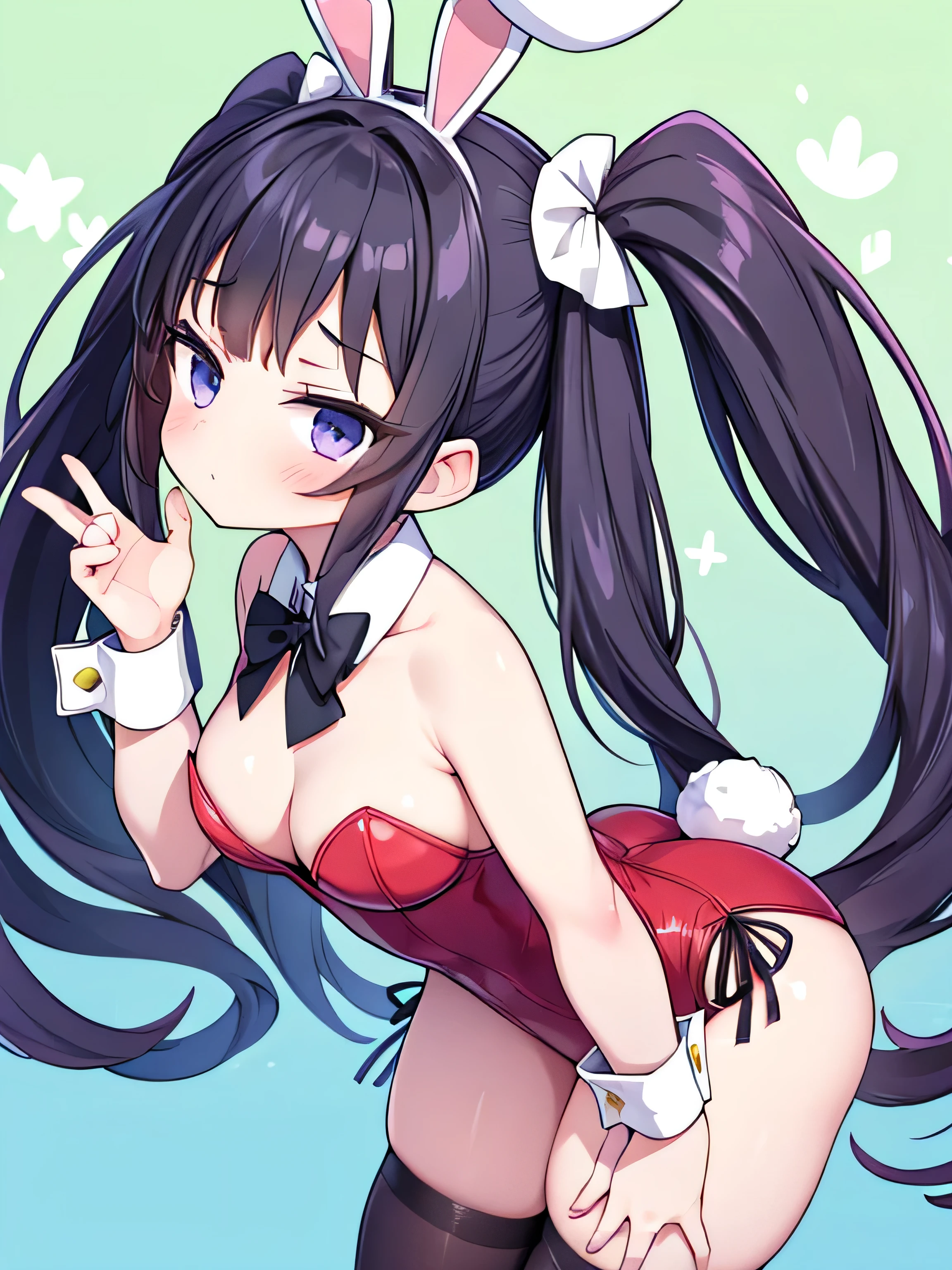 masterpiece, best quality, ultra detailed,1 girl , long hair, twin tails, playboy bunny, leaning forward,