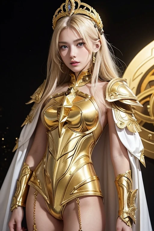 Attractive 18 year old Russian famous model, Light blonde hair, Close-up of a woman wearing only gold metal armor with a white cape, Beautifully patterned gold armor, Sailor Galaxia, God Emperor of Mankind, Golden Armor, Saint Seiya, Gold Paladin, ライトGold Armor, welcome, Wearing gold metal armor, Wearing shiny golden armor, Gold Armor, Wearing shining golden armor, The welcomes of gold, Charismatic, Model standing,The whole body shines like a diamond,