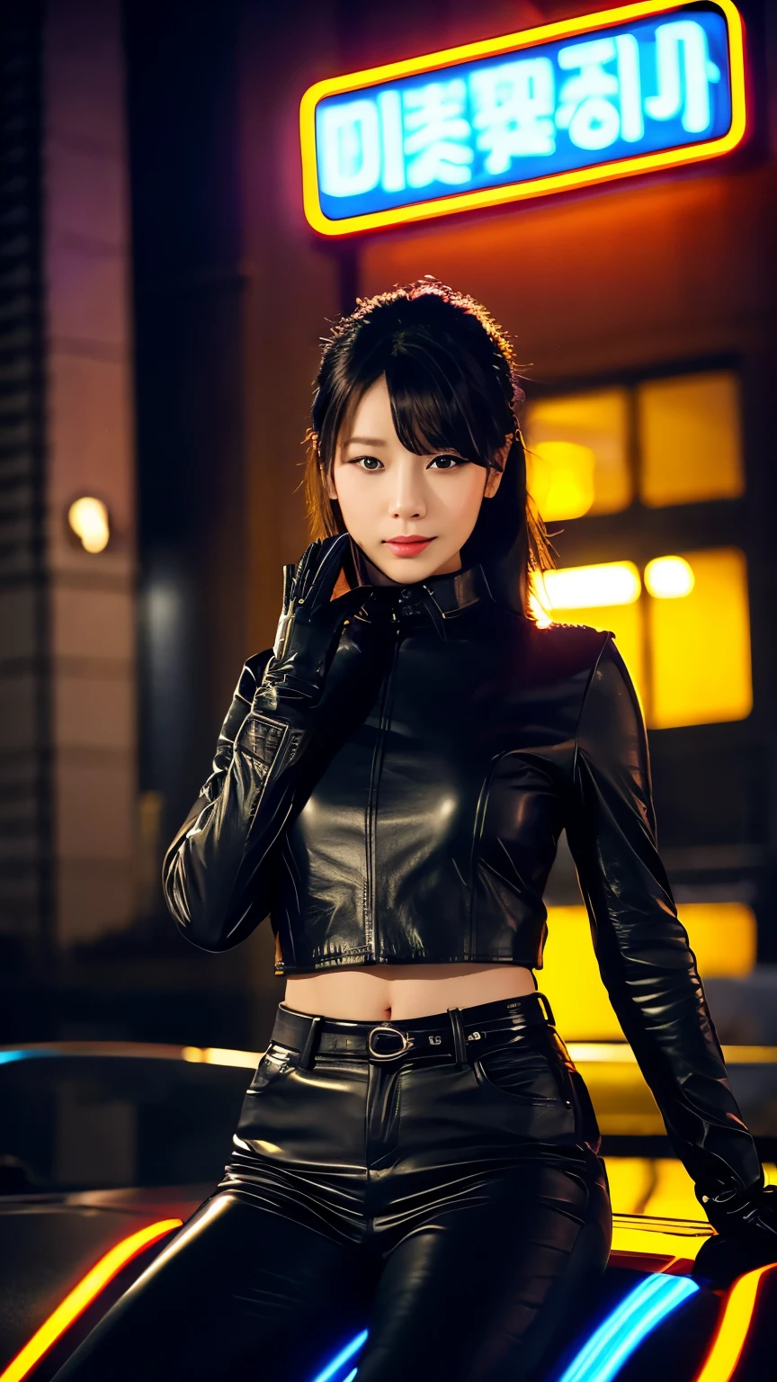 black leather rider jacket, Office in the Dark, Black leather gloved fingertips on both hands,Wearing black leather gloves,Sitting in a black leather chair、 Japanese female new recruits (Black leather gloves cover both hands) (The angle is horizontal)、Black Leather Pants,Black Leather Black Leather Pants,Black Leather Skinny Pants、Long black leather boots on both feet、Black hair ponytail ((He wears black leather gloves on his hands))Full Body Photo,full body shot full body full body leather suit,☺If you turn in this direction。Wearing black leather gloves,Wearing black leather gloves,Wearing black leather gloves,Wearing black leather gloves,Wearing black leather gloves,Wearing black leather gloves,黒のレザーパンツが美しい😍黒のレザーパンツが美しい😍黒のレザーパンツが美しい,😍Smiling while looking at me,City lights、((Neon Cyberpunk City Street:1.3))、(Neon Light)、Detailed lighting、
Best image quality、Ultra-high resolution、(realism:1.4)、Korean Beauty Star、The most beautiful KPOP stars、face、????? Korean Makeup、A body that makes you want to touch it、Realistic leather texture、Costume made of smooth leather fabric、The drape of the curved parts of the leather fabric、The costume is very shiny、Quality of the costume、8K Photo Quality