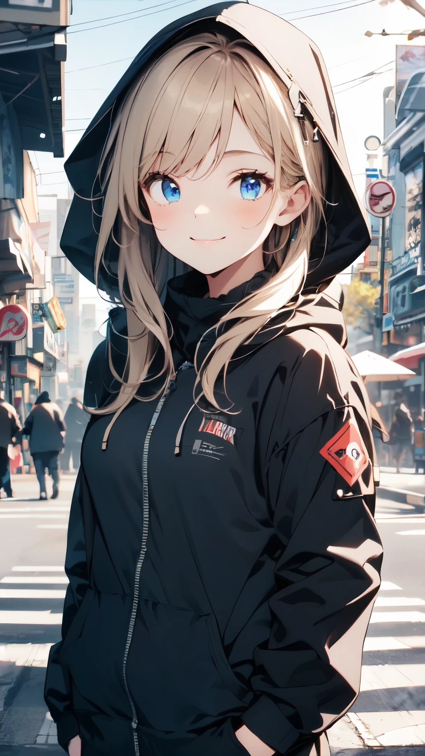 ​masterpiece, top-quality, 1girl, long blonde hair with bangs, solo, natta, Colorful, Cityscape, I'm wearing a hood.,cyberpunked, Light smile, City Pop, vector illustrations, Sateen