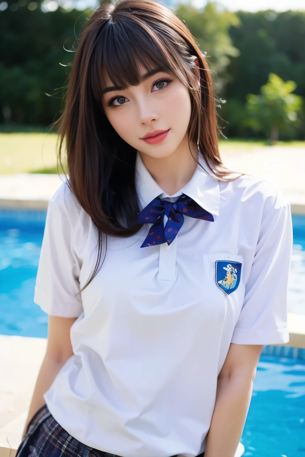 Japanese high school girl　alone　school pool　huge moon　long hair　shiny detailed black hair　smooth soft skin　A happy smile　Plain Uniform　white cutter shirt　short sleeve　open chest　white bra　professional lighting　Professional photographer　Highest image quality