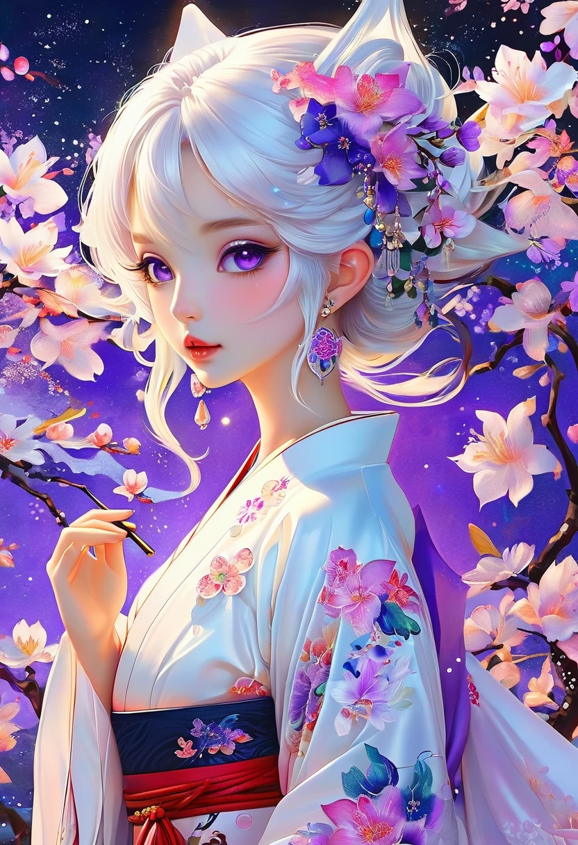 （Decorative paintings：1.6）、Light、ink画，ink，[（black background：1.5）：：0.25]，（Fractal Art：1.1），Blooming flowers，（Pop Art：1.4）、（Art Nouveau：1.1），night，Petals flutter，月Light，Girl with makeup，Wearing Kimono，Elf ears，（Ear nipple rings：1.5），Silver hair，Very long hair，(Heterochromia of the Eyes)，Purple and eyes，（Pale complexion），（masterpiece，quality，最佳quality，Official Art，Beauty and aesthetics：1.2），Very detailed，（Tangle：1.2），（hexagon：1.4），Abstract Background，（Traditional Chinese embroidery fabrics：1.2）、皮肤发Light、（multiple colour：1.4）。