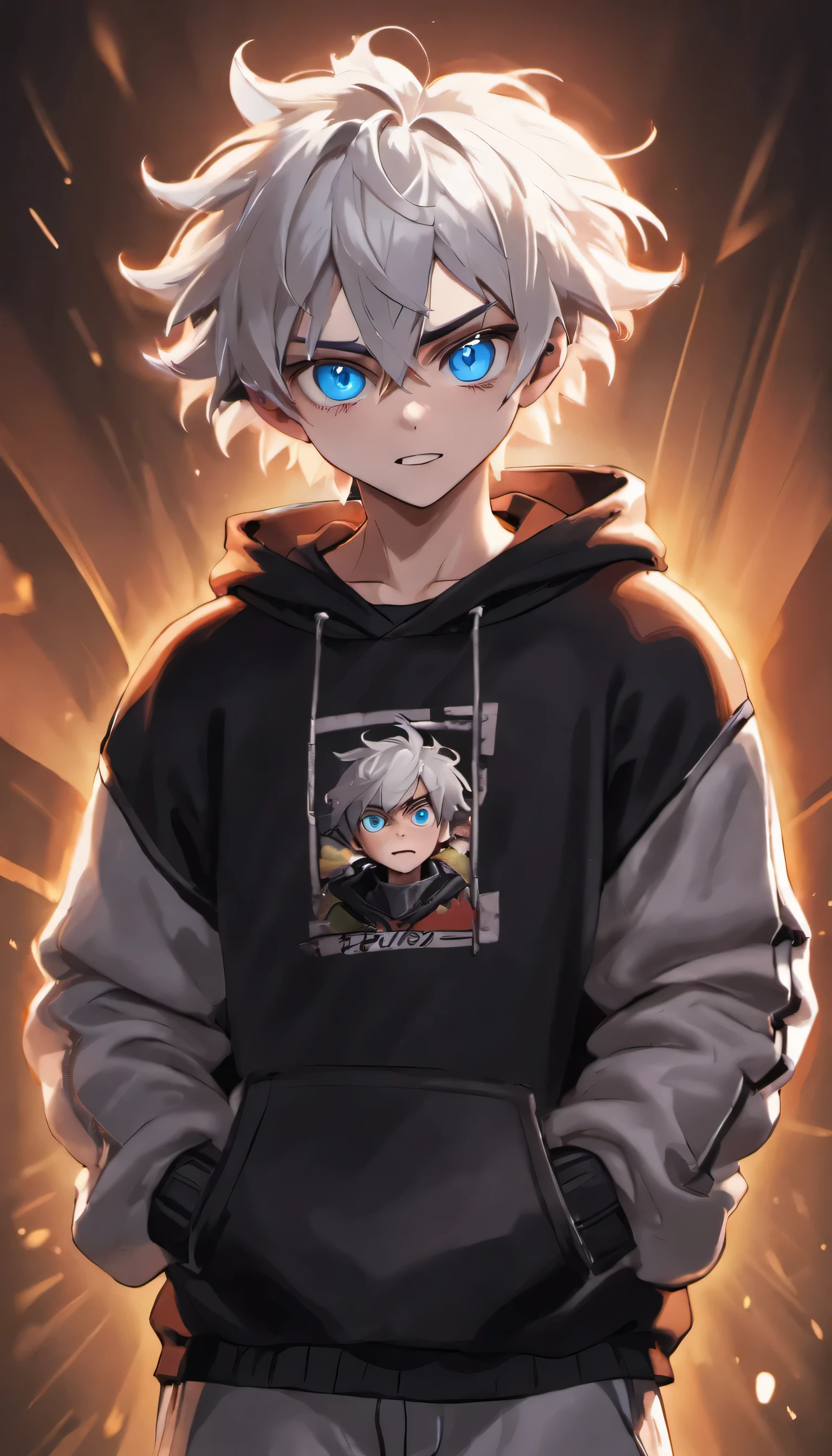 (best quality,4k,8k,highres,masterpiece:1.2),ultra-detailed,(realistic,photorealistic,photo-realistic:1.37),1boy,blue eyes,white shaggy hair,teenager,dressed in a black sweatshirt,evening,sneakers,standing,teenager,sweatpants,shaggy hair,thin,sunset,tired eyes,smile,doll face,pale,portrait,contrast lighting,vivid colors,soft color palette