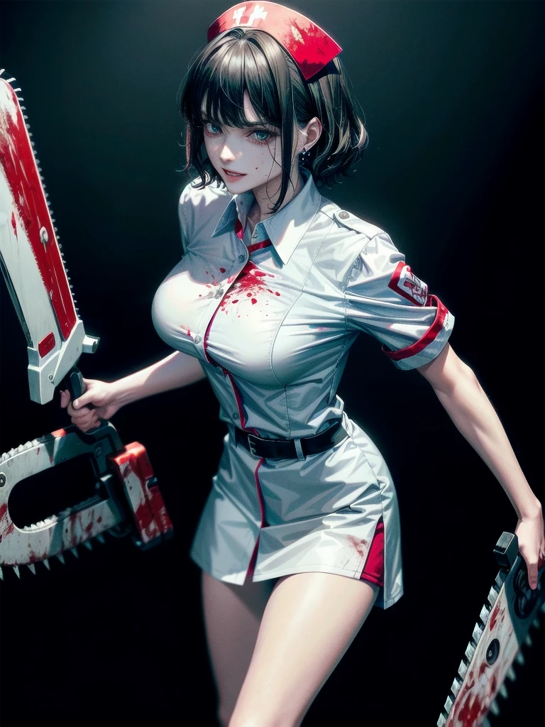 ((blood)), ((blood splatter)), ((blood on clothes)), ((blood stain)), hospital, ((nurse uniform)), ((holding mechanical-chainsaw)), absurdres, RAW photo, extremely delicate and beautiful, masterpiece, Best Quality, ultra high resolution, 32k, hyperrealistic, ultra-detailed, detailed description, pale skin, 20 years old, tearful mole, earring, Colossal , short medium hair, wavy hair, evil grin, full body shot,