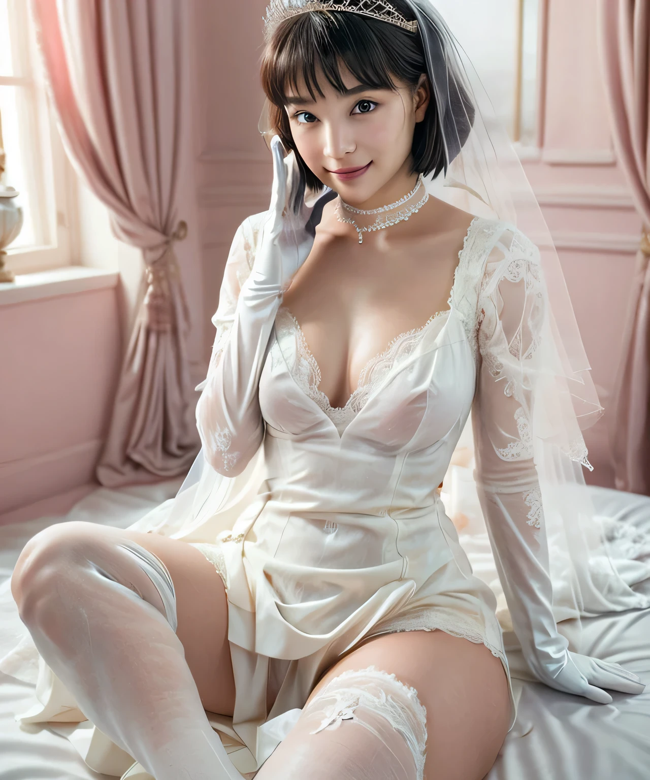 (8k, RAW Photos, highest quality,masterpiece: 1.2), (Realistic,photo-Realistic: 1.37),Very detailed,1 girl,cute,alone,beautifully(smile: 1.1), Medium chest, Beautiful fine details, (short hair: 1.2),wedding style,see-throughdress,longsleeve,whiteglove,open crotch lingerie,legs UP,(spread legs),Wedding Veil,tiara,skirt lift,High heels,see-through dress,dress lift self,wedding veil,tiara,choker,(Wearing white gloves),white thighhighs,zettai ryouiki,church,on bed,ahegao,nipples,grab hip,legs up,hold knees,