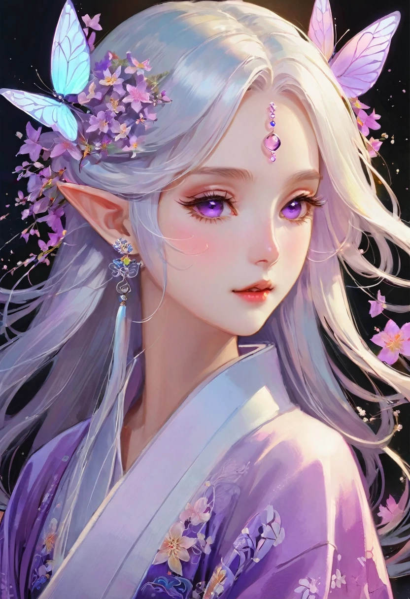 （Decorative paintings：1.6）、Light、ink画，ink，[（black background：1.5）：：0.25]，（Fractal Art：1.1），Blooming flowers，（Pop Art：1.4）、（Art Nouveau：1.1），night，Petals flutter，月Light，Girl with makeup，Wearing Kimono，Elf ears，（Ear nipple rings：1.5），Silver hair，Very long hair，(Heterochromia of the Eyes)，Purple and eyes，（Pale complexion），（masterpiece，quality，最佳quality，Official Art，Beauty and aesthetics：1.2），Very detailed，（Tangle：1.2），（hexagon：1.4），Abstract Background，（Traditional Chinese embroidery fabrics：1.2）、皮肤发Light、（multiple colour：1.4）。