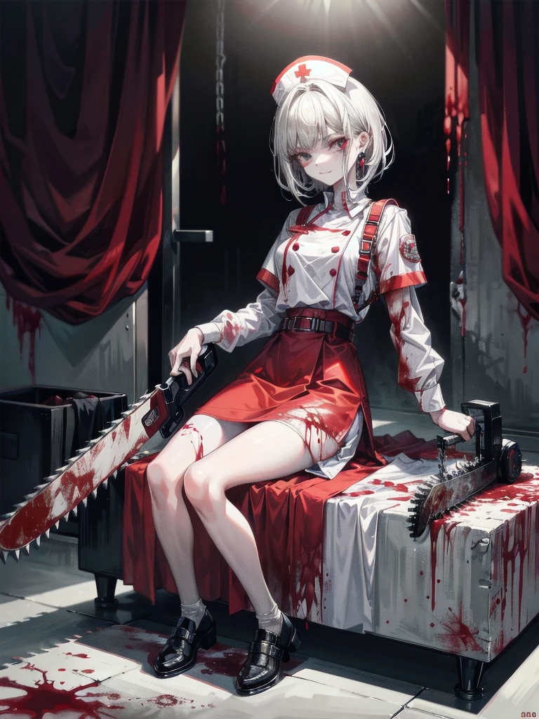 ((blood)), ((blood splatter)), ((blood on clothes)), ((blood stain)), hospital, ((nurse uniform)), ((holding mechanical-chainsaw)), absurdres, RAW photo, extremely delicate and beautiful, masterpiece, Best Quality, ultra high resolution, 32k, hyperrealistic, ultra-detailed, detailed description, pale skin, 20 years old, tearful mole, earring, Colossal tits, short medium hair, wavy hair, evil grin, full body shot,