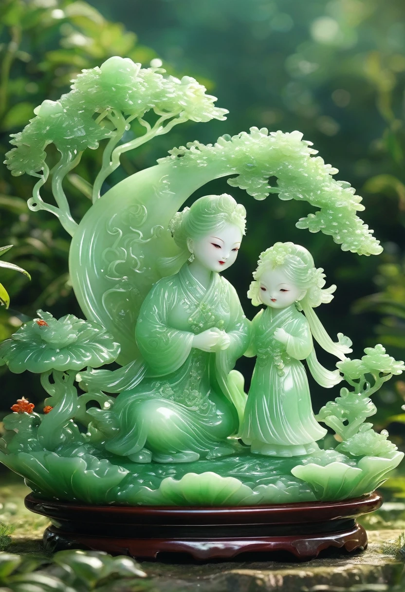 best quality, very good, 16K, ridiculous, Extremely detailed, Gorgeous mother and daughter，Made of translucent jadeite, Background grassland（（A masterpiece full of fantasy elements）））， （（best quality））， （（Intricate details））（8k）