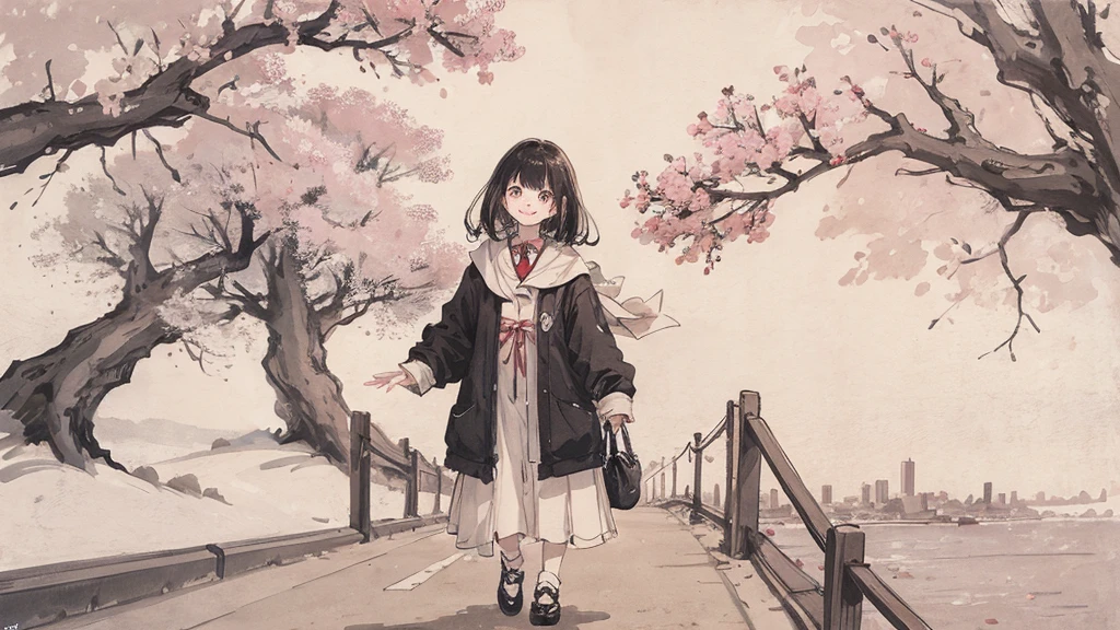 （1:1）1 female,Standing in the city,the sky is clear、The wind is blowing,Cherry blossom trees,black hair,smile,walk on the road,cityscape,small person