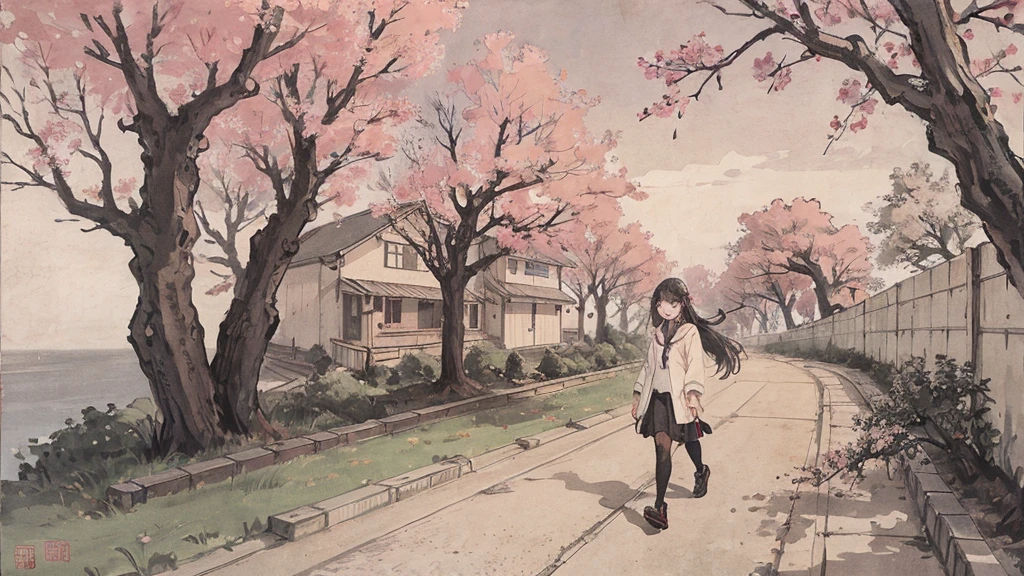 (1:1)1 female,Standing in the city,the sky is clear、The wind is blowing,Cherry blossom trees,black hair,smile,walk on the road,cityscape,small person