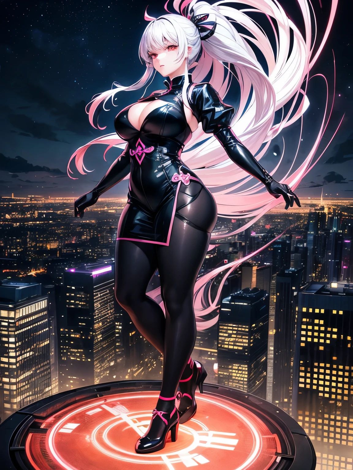 anime, (artwork, best quality, ultra-detailed, high contrast), 1 woman (Alone, full body, plus size body, standing on the edge of the skyscraper, silver hair, LONG In a ponytail, red eyes, perfect eyes ruby sparkles, (simple black qipao, black cybernetics with neon pink), transparent black socks), (skyscraper roof, overlooking a city, detailed background ((night time, Darkness, low light pollution)))