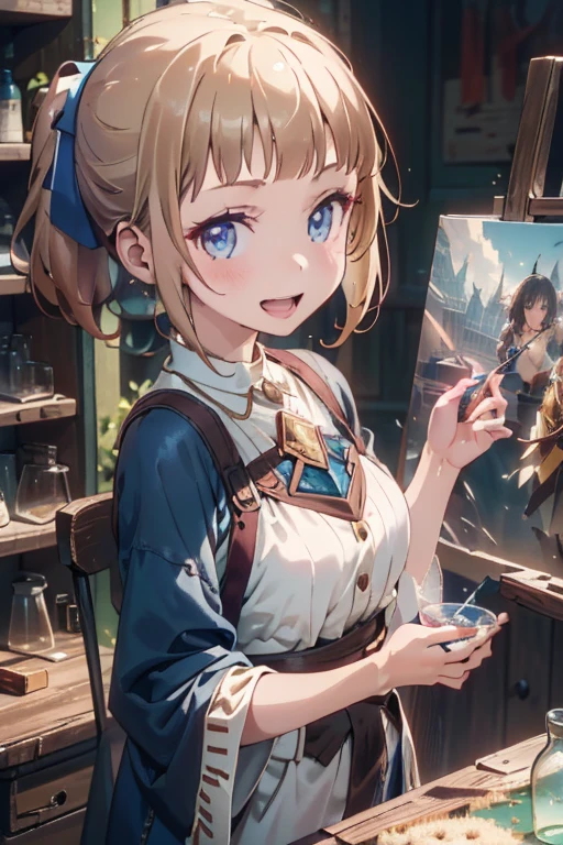 (fantasy:1.5),(anime,8k,masterpiece, top quality, best quality,beautiful and aesthetic:1.2,professional illustrasion:1.1,ultra detail:1.3,perfect lighting),extremely detailed,highest detailed,incredibly absurdres , highres, ultra detailed,intricate:1.6,(Alchemy Workshop:1.4),A girl mixing,Medicine in many small bottles,holding small potion,colorful:1.4,zentangle,(1girl),(girl),(Three kingdoms female warload),(highly detailed beautiful face and eyes,firm breasts),oily skin,((black,hair,short bob with short pony tail hair)),thin pubic hair,cute,lovely,34 years old,alchemist costume,Merchant's Clothing,smile,in the kitchen,smile,seductive weak smiling,(with sparkling eyes and a contagious smile),open mouth, Looking at Viewer,