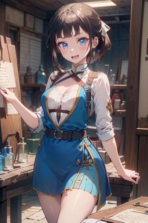 (fantasy:1.5),(anime,8k,masterpiece, top quality, best quality,beautiful and aesthetic:1.2,professional illustrasion:1.1,ultra detail:1.3,perfect lighting),extremely detailed,highest detailed,incredibly absurdres , highres, ultra detailed,intricate:1.6,(Alchemy Workshop:1.4),A girl mixing,Medicine in many small bottles,holding small potion,colorful:1.4,zentangle,(1girl),(girl),(Three kingdoms female warload),(highly detailed beautiful face and eyes,firm breasts),oily skin,((black,hair,short bob with short pony tail hair)),thin pubic hair,cute,lovely,34 years old,alchemist costume,Merchant's Clothing,smile,in the kitchen,smile,seductive weak smiling,(with sparkling eyes and a contagious smile),open mouth, Looking at Viewer,

