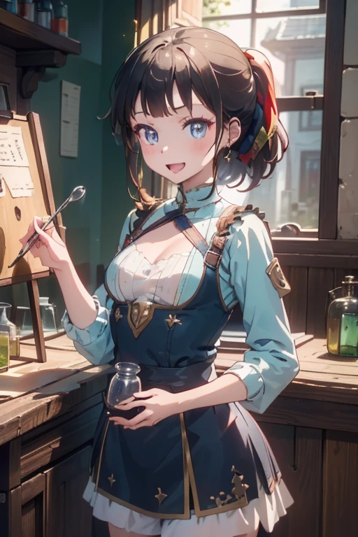 (fantasy:1.5),(anime,8k,masterpiece, top quality, best quality,beautiful and aesthetic:1.2,professional illustrasion:1.1,ultra detail:1.3,perfect lighting),extremely detailed,highest detailed,incredibly absurdres , highres, ultra detailed,intricate:1.6,(Alchemy Workshop:1.4),A girl mixing,Medicine in many small bottles,holding small potion,colorful:1.4,zentangle,(1girl),(girl),(Three kingdoms female warload),(highly detailed beautiful face and eyes,firm breasts),oily skin,((black,hair,short bob with short pony tail hair)),thin pubic hair,cute,lovely,34 years old,alchemist costume,Merchant's Clothing,smile,in the kitchen,smile,seductive weak smiling,(with sparkling eyes and a contagious smile),open mouth, Looking at Viewer,