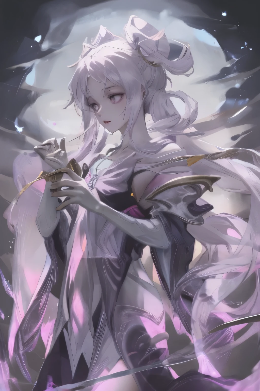 Shenlong in the background、Shenron is flying、gorgeous silver princess、Female Solo 、full body Esbian、Feeling of sprinting、long-haired、cleavage of the breast、Small breasts、Long coat in black、neons、look down on, Looking at the camera、mobster、 neonsレーザー、neons感、