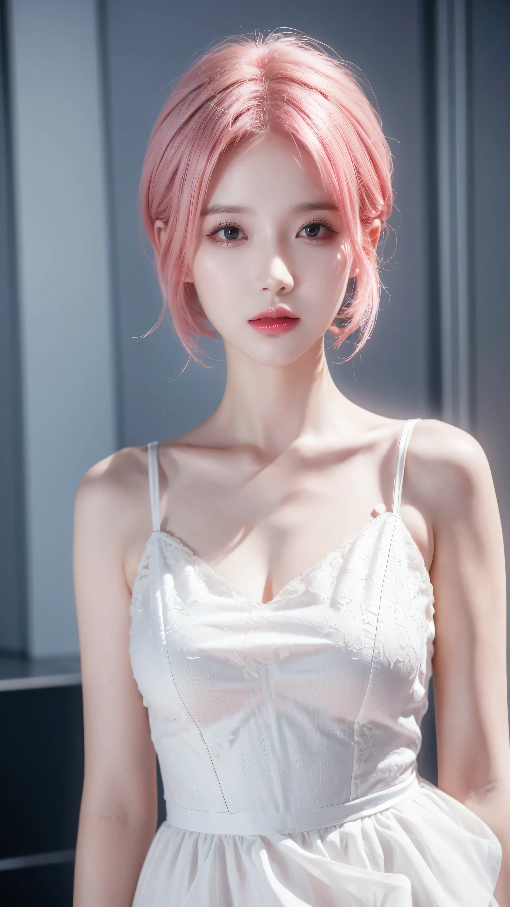 Alcanevi, A woman with medium-short pink hair wearing a white dress, female face, Unreal Engine Character Art, portrait