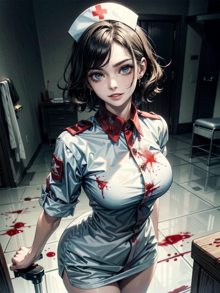 ((top-quality, masutepiece, Top image quality, 8K)), ((nightcity:1.3)), Back lighting, ((Bloody young nurse with an ax:1.5)), ((1girl in, perfectly proportions, Beautiful body, Realistic middle chest:1.5)), Standing with legs spread, showing your whole body, (Best Ratio: 4 fingers, 1 thumb), The skin is wet and shiny, Torn and tattered white nurse's uniform, ((tilts head, looking at from the front:1.2)), afterwards、The car is on fire,
