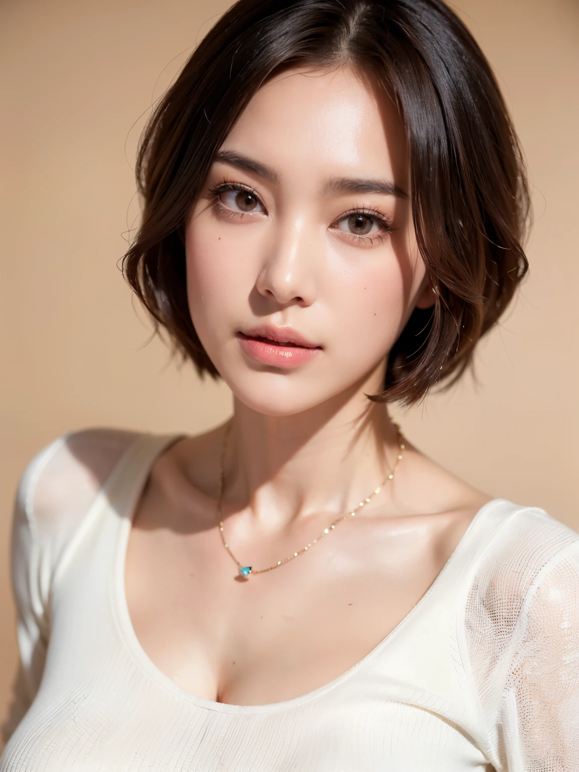 (highest quality, 8k, 32k, masterpiece, Ultra-high resolution:1.2),Beautiful Japanese Women Photos, Large Breasts, Very short bob hair,Upper Body,Face Focus,Extra Large_sweater, necklace, Simple Background, From above, View your audience,