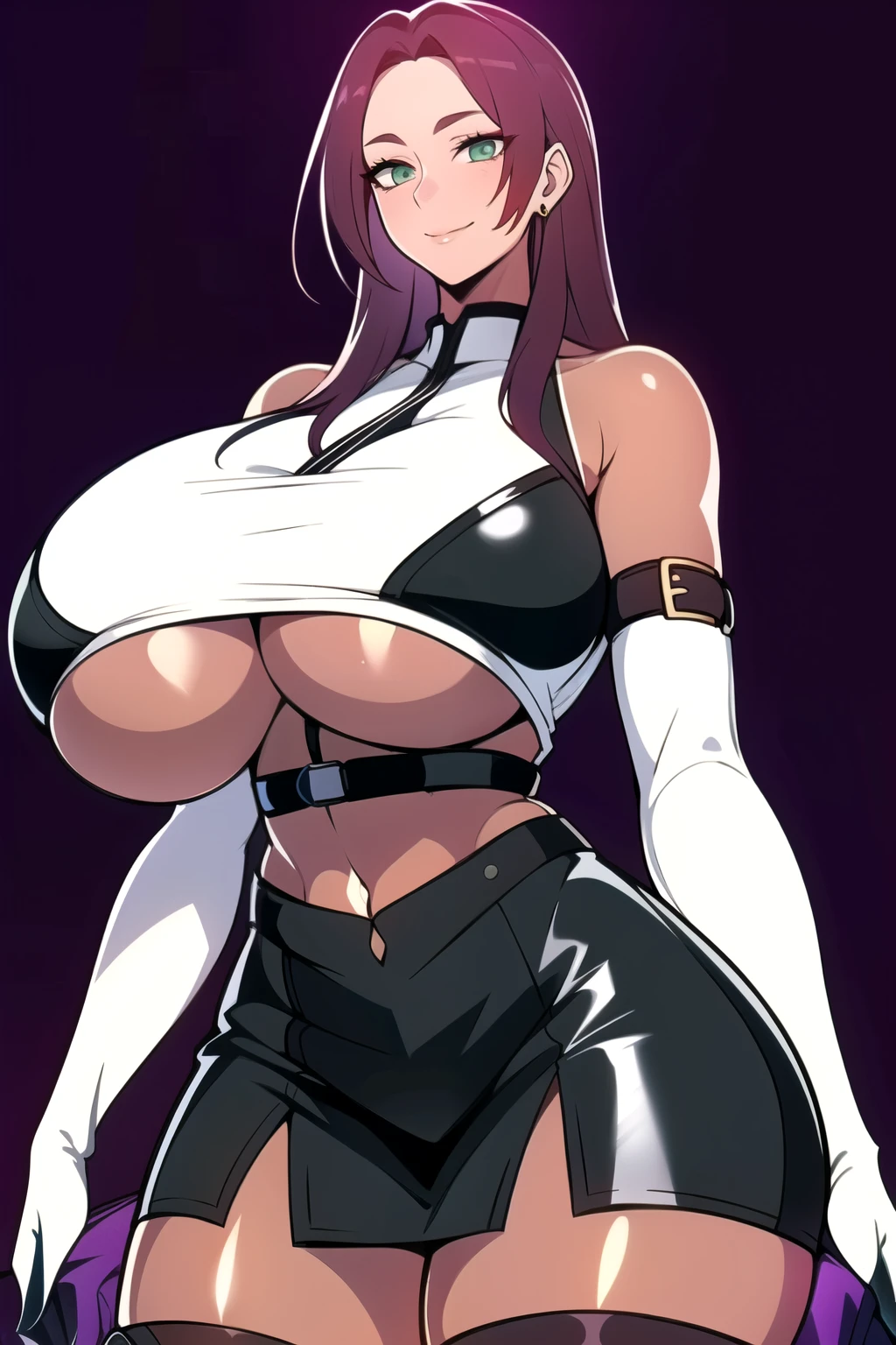 ultra realistic 8k cg, masterpiece, ((ultra detailed background, intricate detail, highly detailed, fine details best quality, hyperdetailed face)), gigantic breasts ,beautiful lighting, absurdres, BoaHancockV2, 1girl, solo, red hair, long hair, jewelry, closed mouth, ), ((black crop top : 1.1), (underboob : 1.4), elbow gloves, thigh boots, split skirt, bare shoulders, curvy, midriff, curvy, thighs, shiny clothes), green eyes, complex detailed background, inside, luxury palace), ((cowboy shot)), curvy, (gigantic breasts: 1.1), seductive smile, cowboy shot, , (tan skin :1.1) (tan face:1.1)