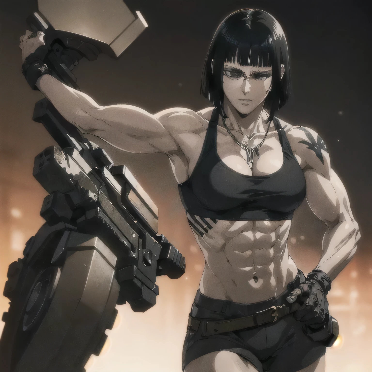(best quality,ultra-detailed,realistic:1.37),musclaur badass girl with sculpted body with preview her musclaur body and six-pack, full review of the female character's face and body, intense expression, strong and confident posture, studio lighting, vivid colors, physiologically-based rendering, grungy texture, rugged background, dust particles in the air, commanding presence, professional, powerful, gritty aesthetics,,Valmet،short hair,necklace,clean muscles،wearing male military underwear with belt and sport bra, tattoos on shoulders,clean clothes,