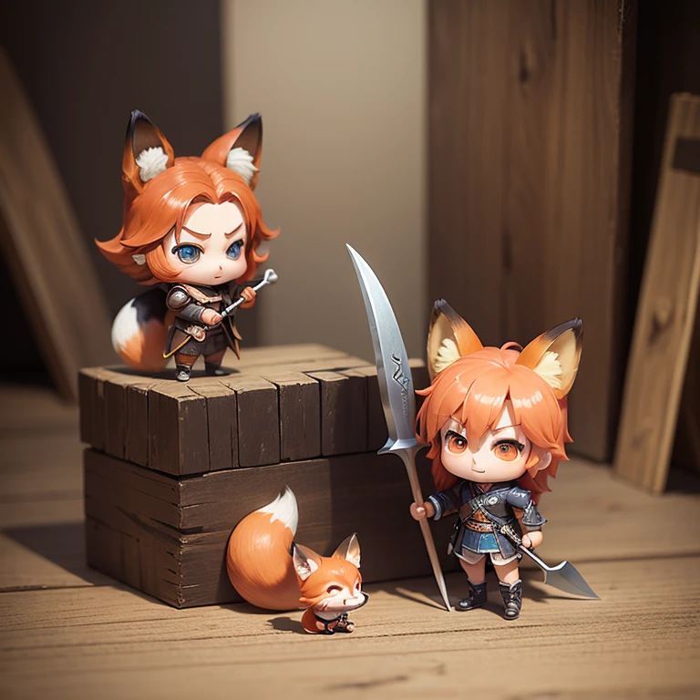 masterpiece、highest quality、Ultra-detailed、(Chibi character fox ears child:1.2)、round arena、pickaxe、One is frozen、Laughter、Are standing