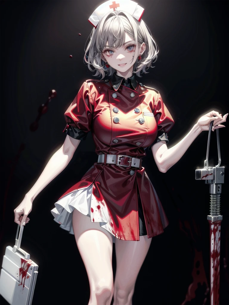 ((blood)), ((blood splatter)), ((blood on clothes)), ((blood stain)), hospital, ((nurse uniform)), ((holding motor_saw)), absurdres, RAW photo, extremely delicate and beautiful, masterpiece, Best Quality, ultra high resolution, 32k, hyperrealistic, ultra-detailed, detailed description, pale skin, 20 years old, tearful mole, earring, Colossal tits, short medium hair, wavy hair, evil grin, full body shot,
