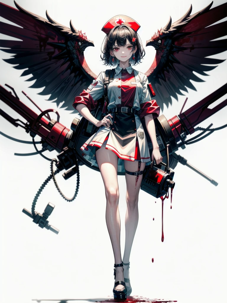 ((blood)), ((blood splatter)), ((blood on clothes)), ((blood stain)), hospital, ((nurse uniform)), ((holding motor_saw)), absurdres, RAW photo, extremely delicate and beautiful, masterpiece, Best Quality, ultra high resolution, 32k, hyperrealistic, ultra-detailed, detailed description, pale skin, 20 years old, tearful mole, earring, Colossal tits, short medium hair, wavy hair, evil grin, full body shot,
