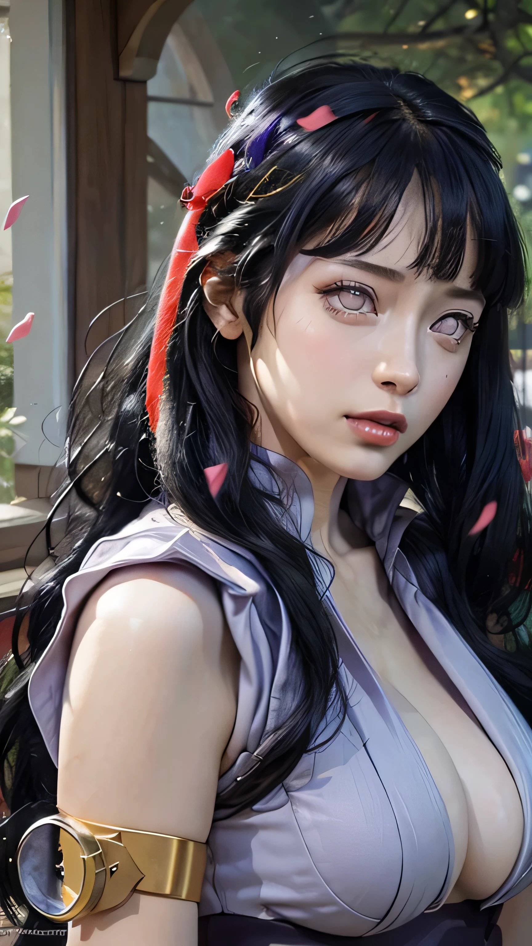 (best quality,4k,8k,highres,masterpiece:1.2),ultra-detailed,(realistic,photorealistic,photo-realistic:1.4), 1girl,20 years old, hyuga hinata in anime naruto shippuden,Straight. Long. Unattached.long hair with bang , wet hair,black hair,white eyes, purple light pupils, beautiful detailed eyes, realistic eyes,realistic skin,beautiful detailed lips, beautiful detailed face, big breast, purple clothes, indoor background, red lips, vivid colors, sharp focus, portraits, perfect lighting, fine painting ,physically-based rendering, full body
