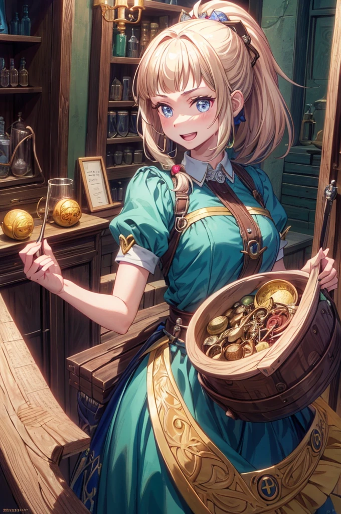 (fantasy:1.5),(anime,8k,masterpiece, top quality, best quality,beautiful and aesthetic:1.2,professional illustrasion:1.1,ultra detail:1.3,perfect lighting),extremely detailed,highest detailed,incredibly absurdres , highres, ultra detailed,intricate:1.6,(Alchemy Workshop:1.4),A girl mixing,Medicine in many small bottles,holding small potion,colorful:1.4,zentangle,(1girl),(girl),(Three kingdoms female warload),(highly detailed beautiful face and eyes,firm breasts),oily skin,((black,hair,short bob with short pony tail hair)),thin pubic hair,cute,lovely,34 years old,alchemist costume,Merchant's Clothing,smile,in the kitchen,smile,seductive weak smiling,(with sparkling eyes and a contagious smile),open mouth, Looking at Viewer,