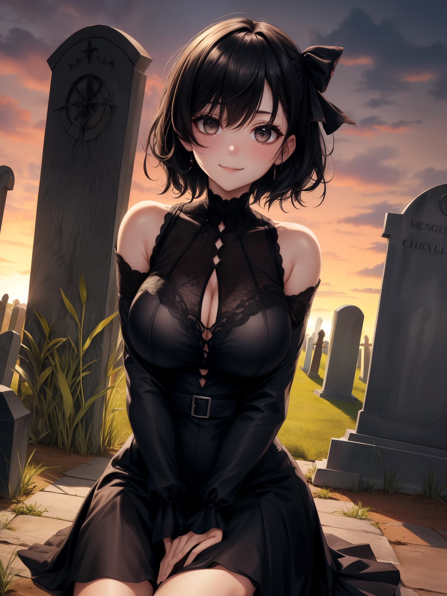 score_9,score_8_up,score_7_up,score_6_up,
susiexl,short hair,bangs,wavy mouth,black eyeliner,black eyes,right eye half closed,left eye open,
black dress,long sleeves,wrist cuffs,black hair ribbon,
looking at viewer,light smile, big breasts,
sitting,
cemetery,night,tombstone,
