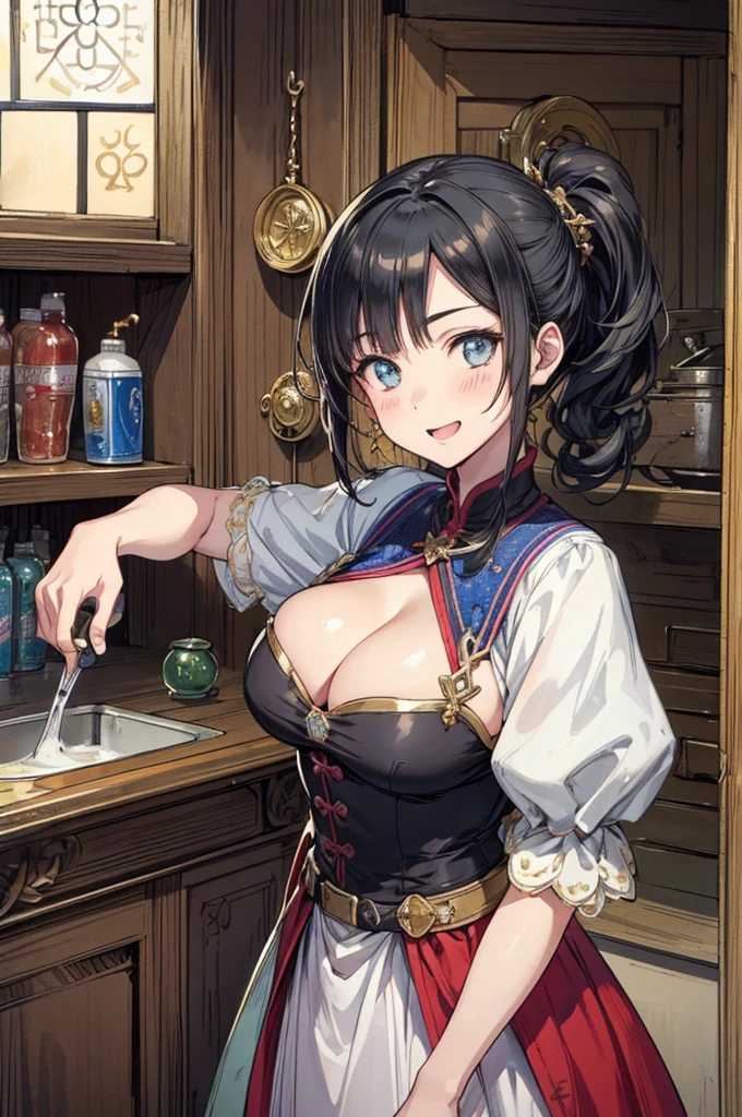 (fantasy:1.5),(anime,8k,masterpiece, top quality, best quality,beautiful and aesthetic:1.2,professional illustrasion:1.1,ultra detail:1.3,perfect lighting),extremely detailed,highest detailed,incredibly absurdres , highres, ultra detailed,intricate:1.6,(Alchemy Workshop:1.4),A girl mixing,Medicine in many small bottles,holding small potion,colorful:1.4,zentangle,(1girl),(girl),(Three kingdoms female warload),(highly detailed beautiful face and eyes,firm breasts),oily skin,((black,hair,short bob with short pony tail hair)),thin pubic hair,cute,lovely,34 years old,alchemist costume,Merchant's Clothing,smile,in the kitchen,smile,seductive weak smiling,(with sparkling eyes and a contagious smile),open mouth, Looking at Viewer,