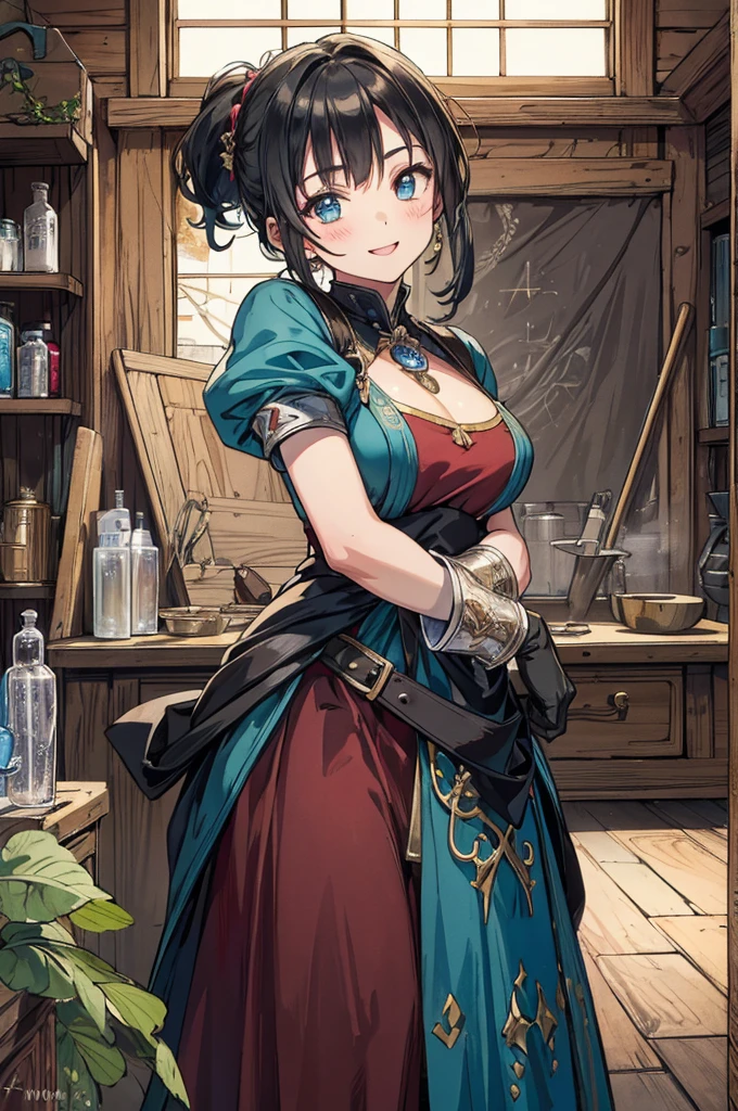 (fantasy:1.5),(anime,8k,masterpiece, top quality, best quality,beautiful and aesthetic:1.2,professional illustrasion:1.1,ultra detail:1.3,perfect lighting),extremely detailed,highest detailed,incredibly absurdres , highres, ultra detailed,intricate:1.6,(Alchemy Workshop:1.4),A girl mixing,Medicine in many small bottles,holding small potion,colorful:1.4,zentangle,(1girl),(girl),(Three kingdoms female warload),(highly detailed beautiful face and eyes,firm breasts),oily skin,((black,hair,short bob with short pony tail hair)),thin pubic hair,cute,lovely,34 years old,alchemist costume,Merchant's Clothing,smile,in the kitchen,smile,seductive weak smiling,(with sparkling eyes and a contagious smile),open mouth, Looking at Viewer,
