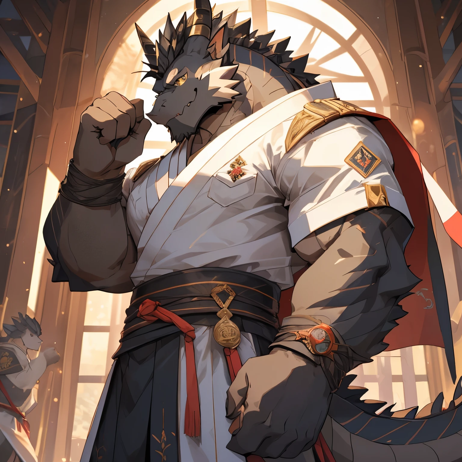 (best quality, masterpiece, ultra-detailed, intricate, illustration, detailed lighting)(1muscular black dragon character：1.5), (golden eyes：1.4), (muscular build：1.4),dragon boy, Dragon,short hair, dark skin, Convex,Looking at the audience,zixiong, nj5,（masterpiece），Very detailed，（best quality)，Black Hair，Golden pupils，Uniforms，Extremely strong，(solid physique)，(Huge size)，8k，(high quality)，Japanese Animation