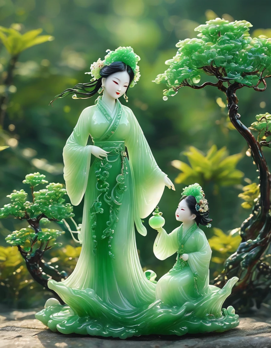 best quality, very good, 16K, ridiculous, Extremely detailed, Gorgeous mother and daughter,Made of translucent jadeite, Background grassland((A masterpiece full of fantasy elements))), ((best quality)), ((Intricate details))(8k)