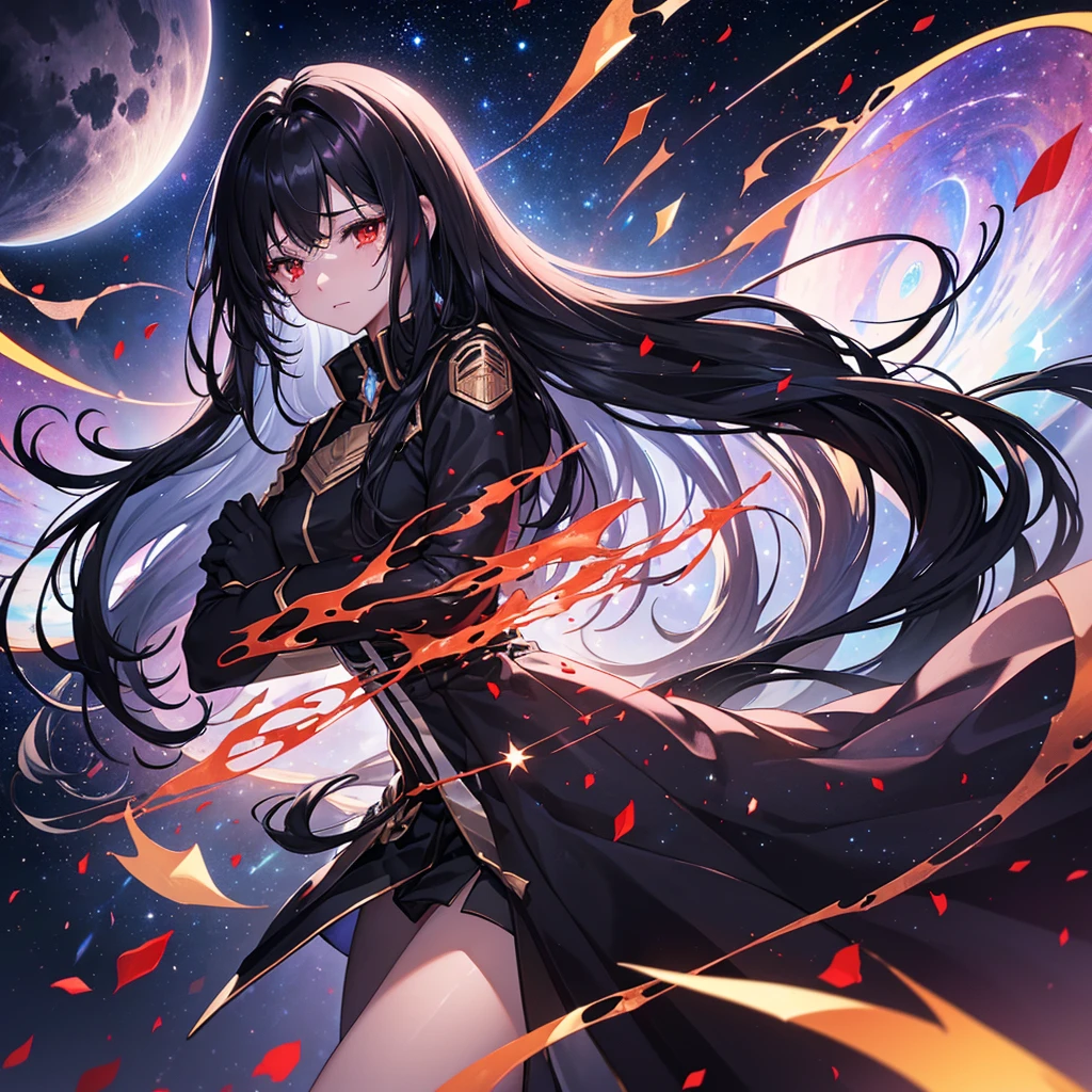 ((Fantasy　Black Hair　Long Hair　Dull red eyes　Have a galaxy　uniform　Lonely　despair))　((Tears　gloves))　(Broken glass　Distorted Space-Time　star　moon)　Catch the wind　fall　Shining Background　Particles of light, shining edges