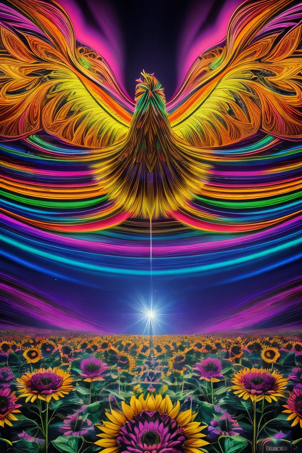 (best quality, 4k, 8k, highres, masterpiece:1.2), ultra-detailed, (realistic, photorealistic, photo-realistic:1.37), expressive aesthetics, 1960s counterculture, group of humanoid animals, humanoid animals with vibrant colors, psychedelic art, retro art style, vivid details, abstract patterns, colorful fur textures, dynamic poses, peace symbol, paisley patterns, happy and carefree expression, flower power, protest signs, sunflower meadows, psychedelic backgrounds, fractal art, multicolored neon lights, unique and trippy perspectives, surrealistic landscape, trippy hallucinations, mind-altering experience, motion blur, fluid movements, synthesizer sounds, realistic fur rendering, rich and vibrant color palette, jazz-inspired fusion music, ethereal glow, high contrast lighting, embrace of nature, universal harmony