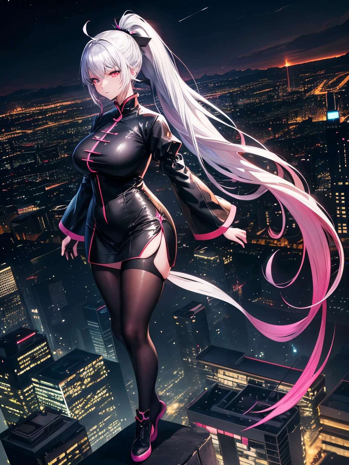 anime, (artwork, best quality, ultra-detailed, high contrast), 1 woman (Alone, full body, plus size body, standing on the edge of the skyscraper, silver hair, LONG In a ponytail, red eyes, perfect eyes ruby sparkles, (simple black qipao, black cybernetics with neon pink), transparent black socks), (skyscraper roof, overlooking a city, detailed background ((night time, Darkness, low light pollution)))