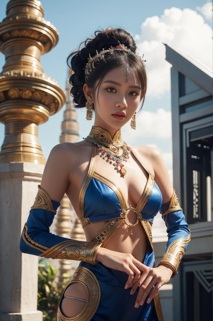 Godness, A stunning, hyperrealistic portrait of a beautiful woman in a blue warrior bikini and ornate iron headdress, standing on a beach. The detailed face resembles that of a goddess, and the armor is exquisitely crafted, masterpiece, maxium resolution, vivids, 48K