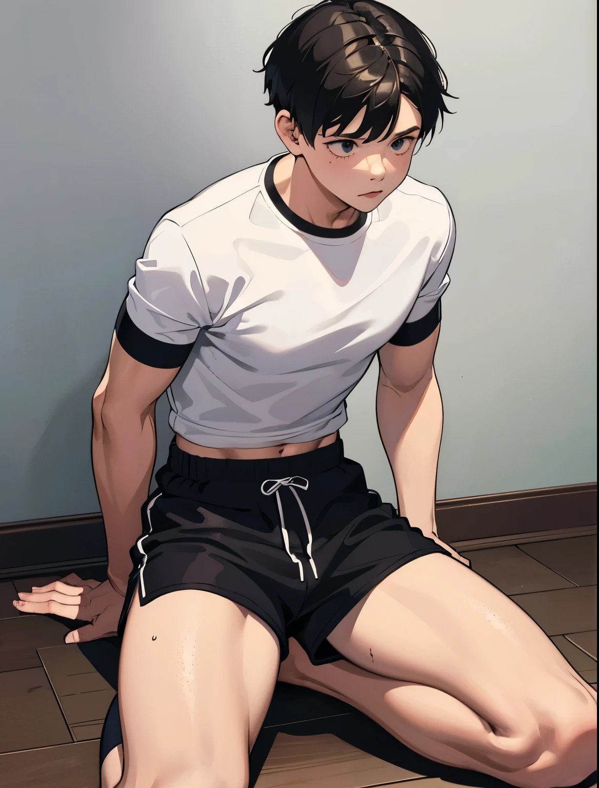 Boys shorts Hands tied behind back, restraint, short hair Rope abandonment punishment full bondage Bondage Gym shorts Being made to sit on the floor Competition pants 10 years old