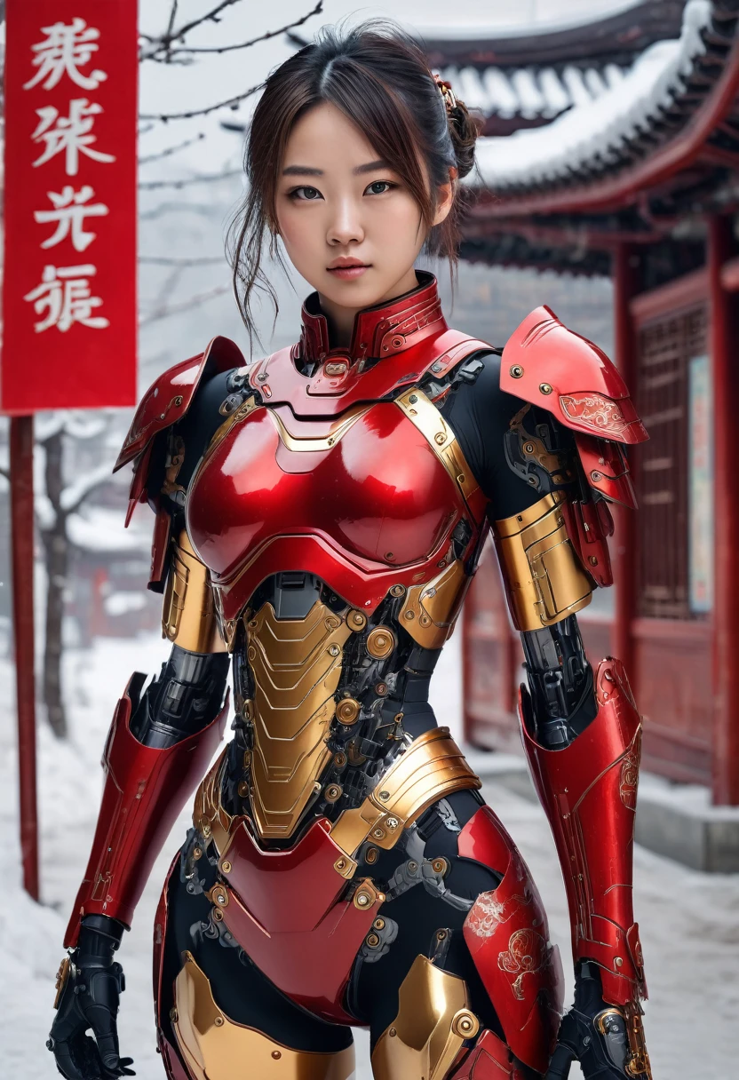 Portrait of a girl, costume semi cyborg Red combbination gold iron whole body, Mid-chest, Textured skin breasts realistic, thight Texture realistic, Boots Iron Shoes, Chinese, Typing art background, a realistic style, Reality, photo, Texture,Skin streaks,whole body,Snow Scene,